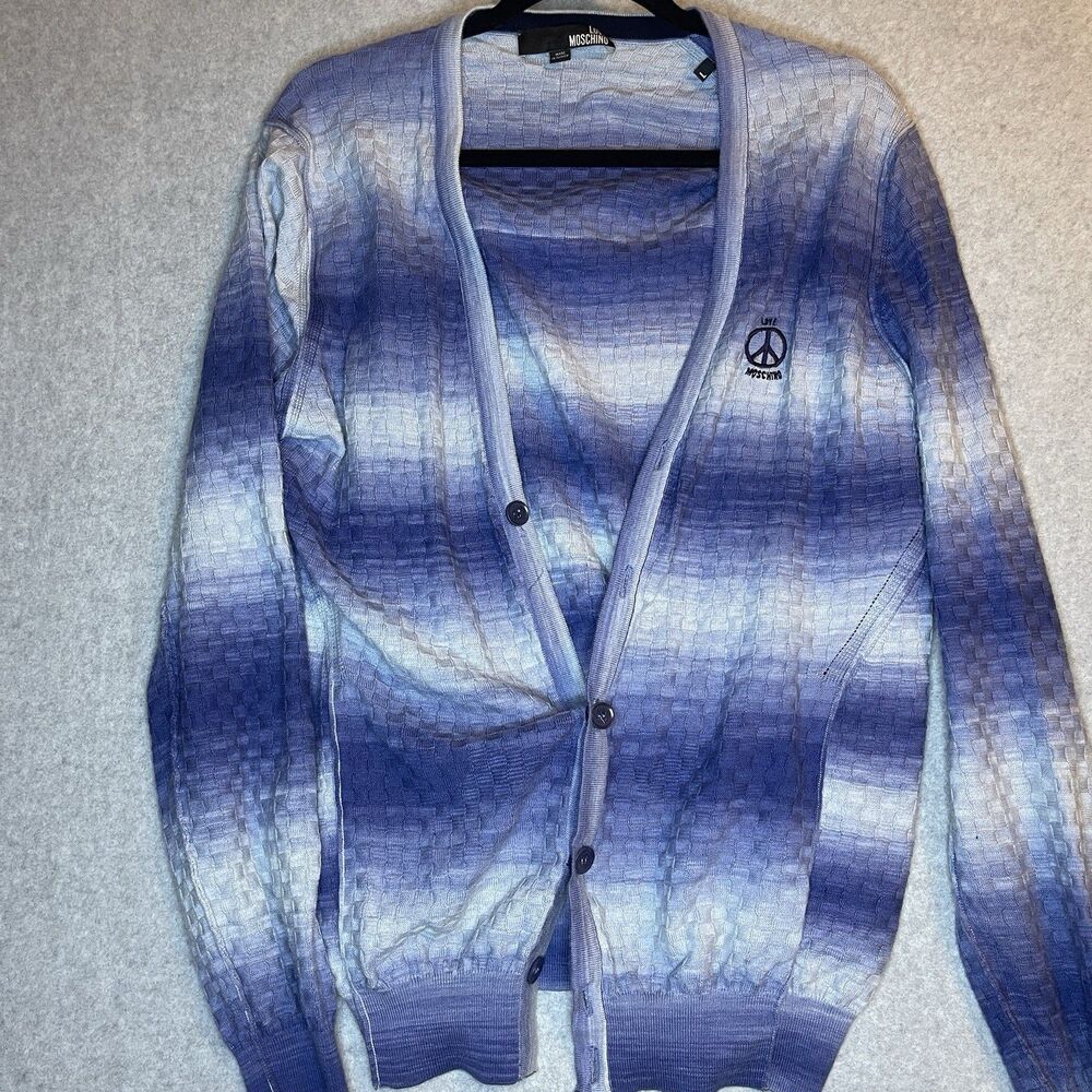 Love Moschino Men's Blue White Striped Knit Cardigan Sweater L Regular